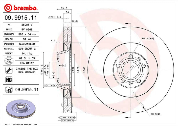 Brembo 09.9915.11 COATED DISC LINE Bremsscheibe - 1 Stück