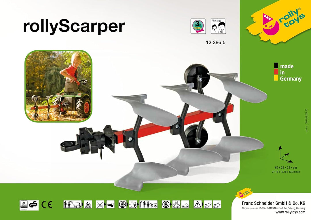Rolly Toys Pflug S2612386 (Rollyscraper, grosser stabiler Dreifurchenpflug für Traktoren, rot) 12386