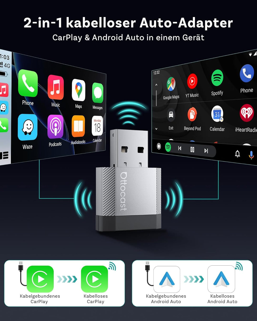 2026 Ottocast Mini Nova, Kabelloser CarPlay & Android Auto Adapter, Plug & Play USB, Automatische Ve
