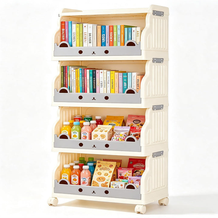 Mobiles Bücherregal Kinder mit Rollen 4 Ebenen Faltbar | Kinderregal Bücherwagen Spielzeug Regal Kin