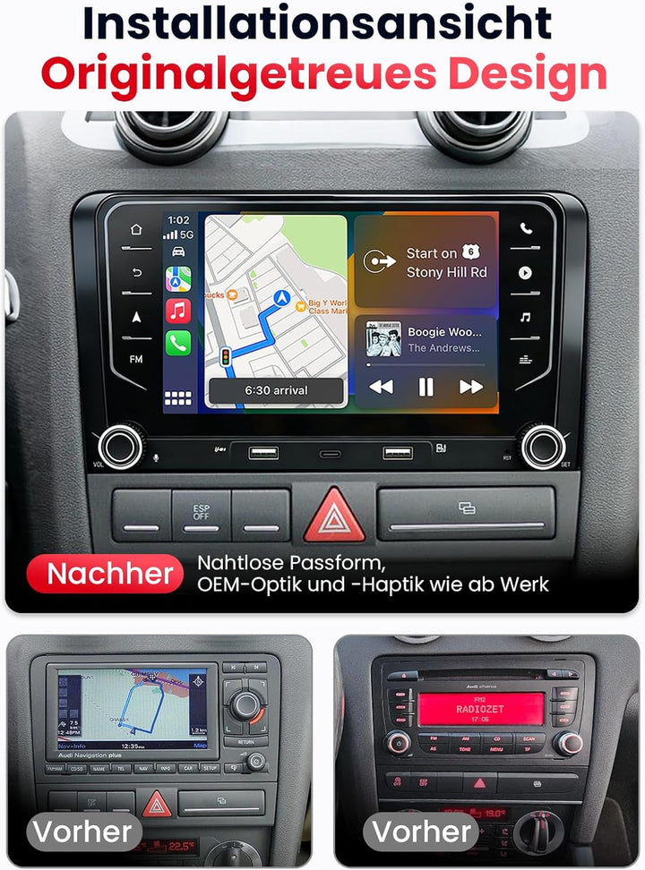 Doppel DIN Autoradio mit Bildschirm für Audi A3 (2003-2012), Wireless CarPlay &amp; Android Auto, 7" Aut