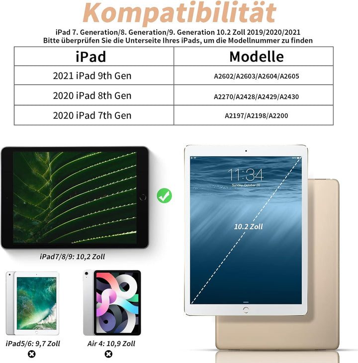 aoub Neues iPad (2019 7. Generation / 2020 8. Generation/2021 9. Generation) 10,2" Hülle mit Stiftha