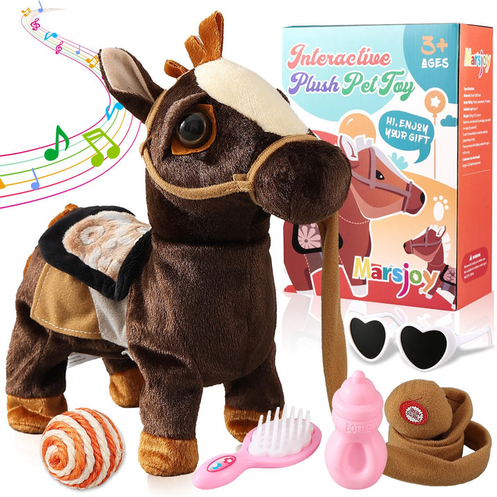 Marsjoy Schwarz Plüschtier Interaktives Spielzeug Pony der Läuft und Bellt, Kinder Mädchen Spielzeug