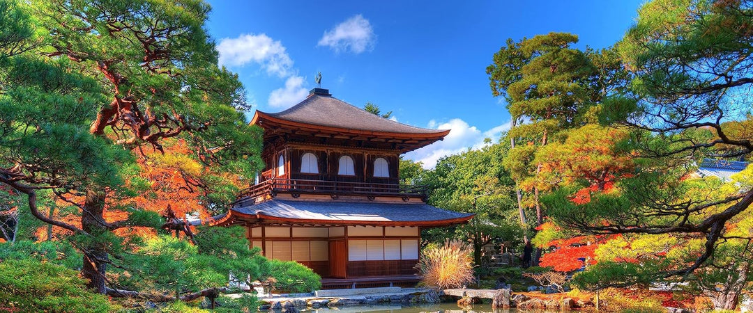Glasbild Panorama | Wandbild aus Echtglas | Ginkaku-ji-Tempel in Kyoto | 120x50 cm | inkl. Aufhängun