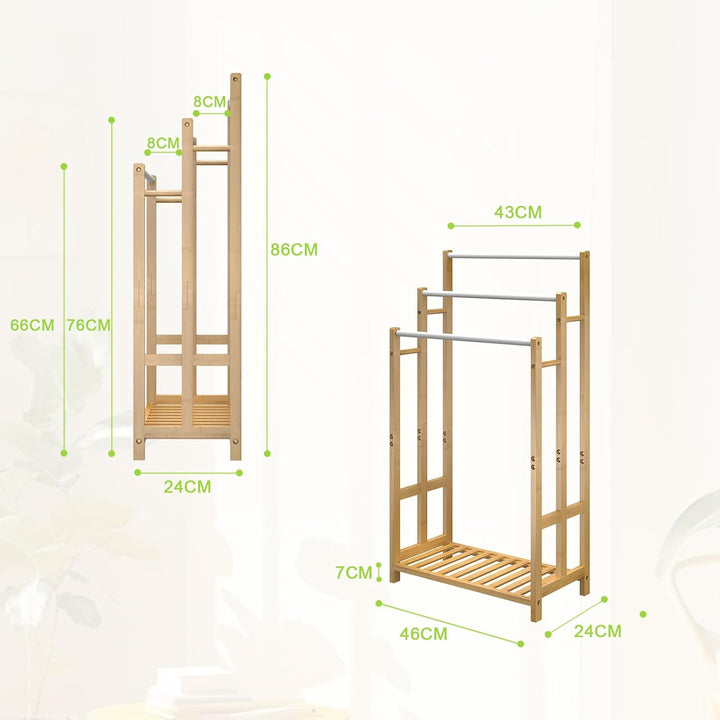 Dripex Freistehender Handtuchhalter Bambus Höhe 86 cm Handtuchständer Badetuchhalter mit 3 Edelstahl