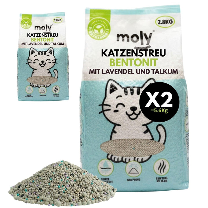 MOLY 2 x Bentonit-Katzenstreu mit Aktivkohle, 5,6 kg, 7,4 l, hohe Saugfähigkeit, mit Lavendel- und T