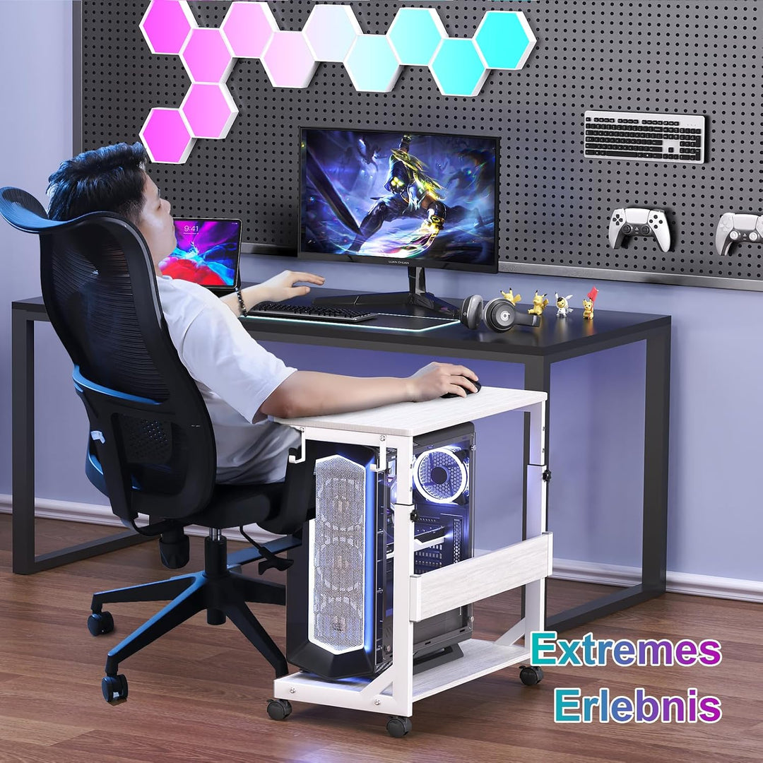 Höhenverstellbarer PC Ständer mit Rollen, 2 Haken, 2-stufig | Computer Tower Ständer, Druckerständer