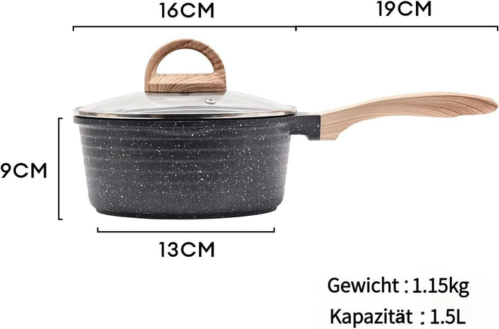 JEETEE Kochtopf 16 cm, 1.5L Kochtöpfe mit Deckel, Milchtopf Mit Hitzebeständigem Griff und Ausguss,
