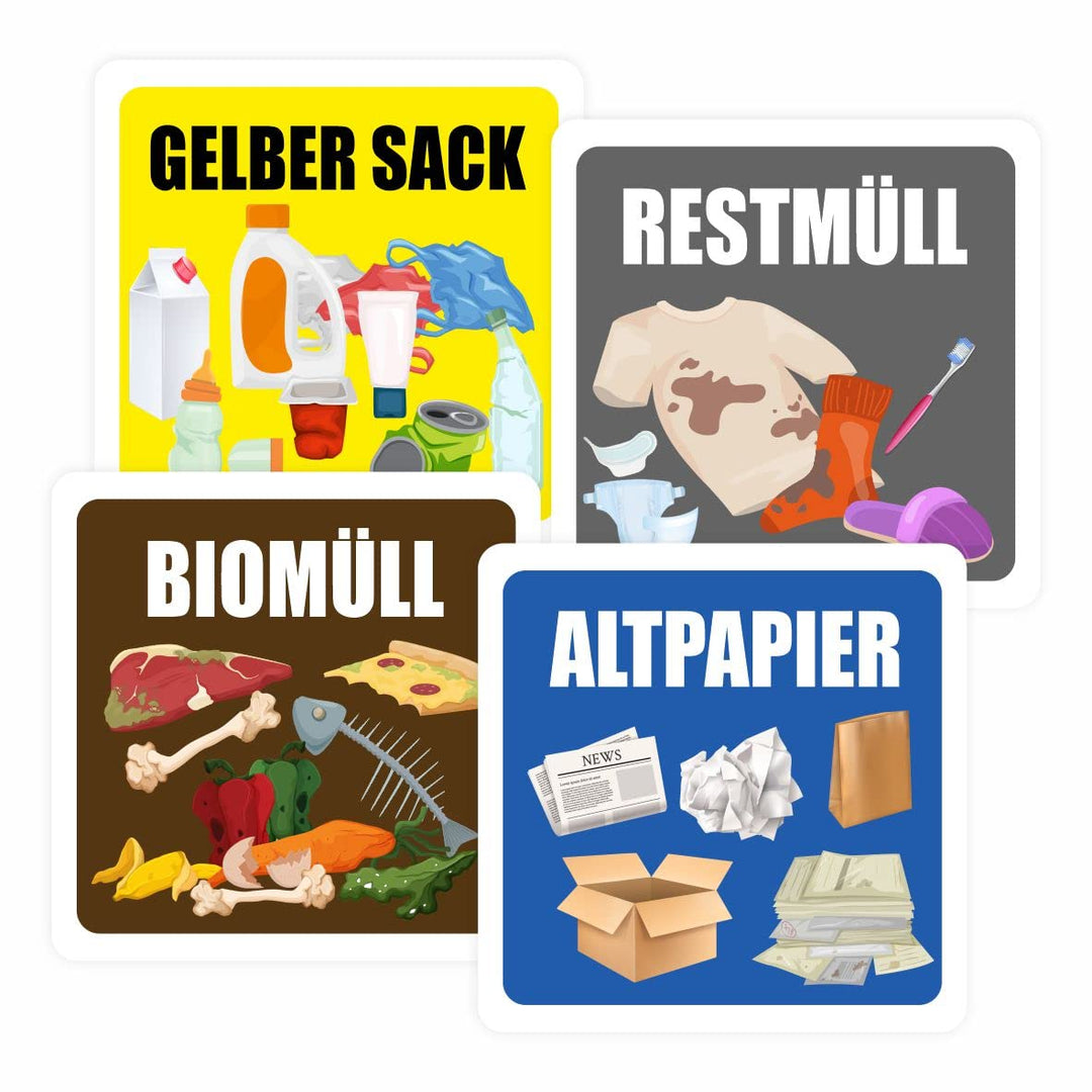 Abfalltrennung Aufkleber 20x20cm - UV-Beständig, Wetterfest - Restmüll, Gelber Sack, Biomüll, Altpap