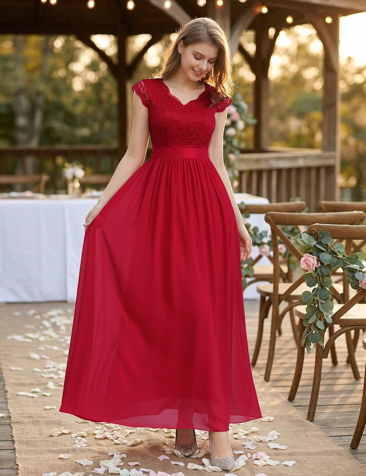 Dressystar Damen Spitzenkleid Elegant Hochzeit Abendkleider Maxi Cocktailkleid M Band_rot, M Band_ro