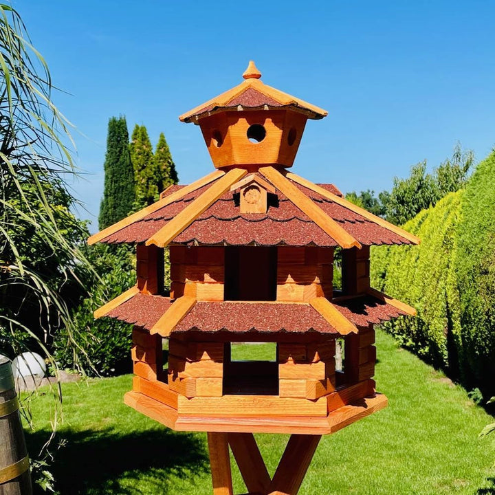 DARLUX Vogelvilla wetterfest von L bis XXL Futterhaus Vogelhaus mit oder ohne Ständer in Braun mit R