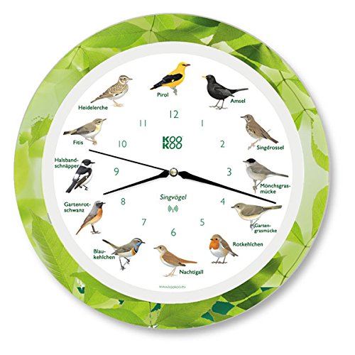 KOOKOO Singvögel Leaf, Die Singende Vogeluhr, mit 12 heimischen Singvögeln und echten, natürlichen V
