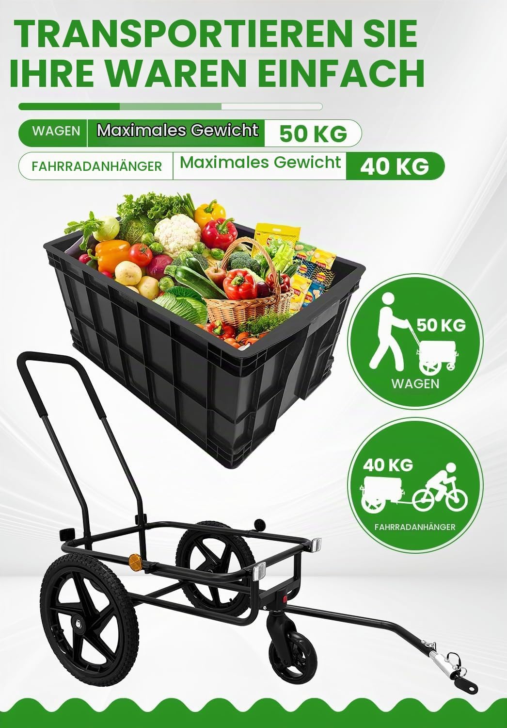 SEPNINE® 2in1 Einkaufstrolley mit 86L Kapazität, Handwagen mit Schiebebügel, bis 40kg belastbar, Tro