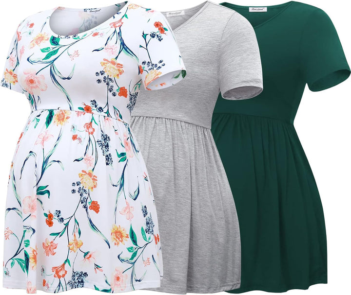 Bearsland Maternity Tops Short Sleeve Scoop Neck Breastfeeding T-Shirt Pregnancy Clothes S Grün & He
