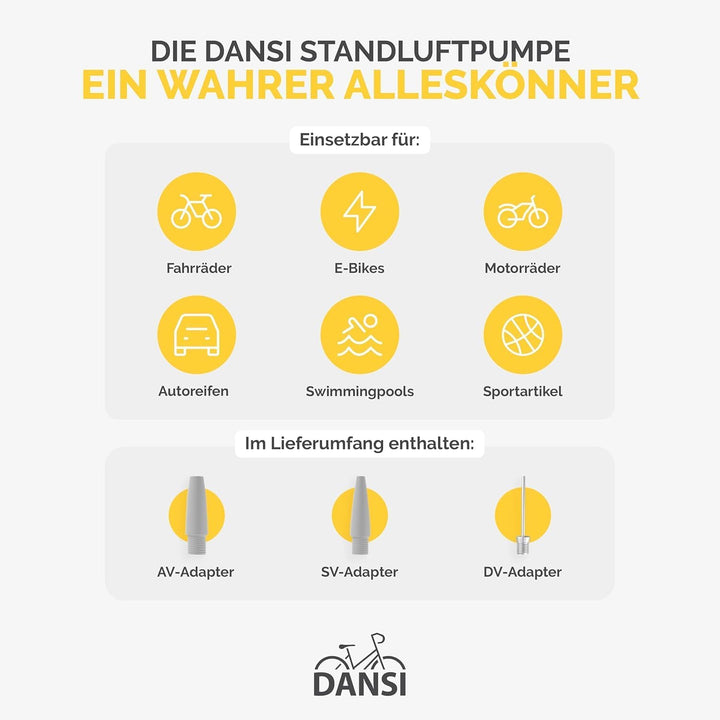 DANSI Standluftpumpe, Verschiedene Modelle, mit Adaptern, passend für alle gängigen Ventile, mit Man