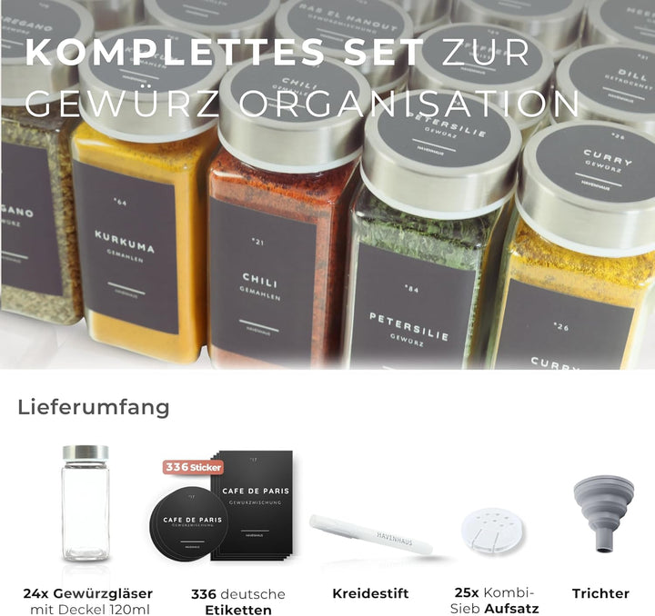 𝗛𝗔𝗩𝗘𝗡𝗛𝗔𝗨𝗦 Gewürz Organizer Set I 24x Gewürzgläser eckig [120ml] mit Streuaufsätzen &amp; Deckel luftdich