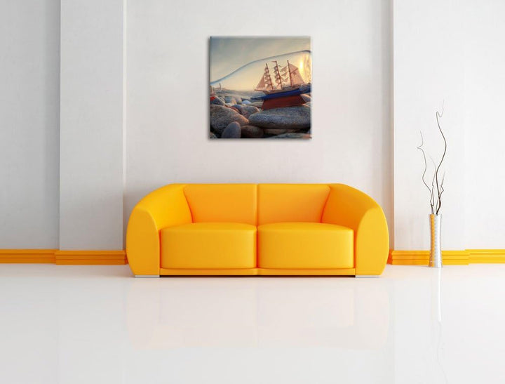Flasche mit Schiff, Format: 70x70 auf Leinwand, XXL riesige Bilder fertig gerahmt mit Keilrahmen, Ku