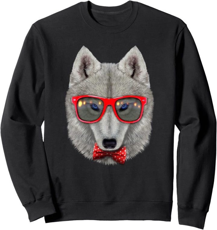 Polar Wolf trägt eine rote Retro-Sonnenbrille mit Fliege Sweatshirt