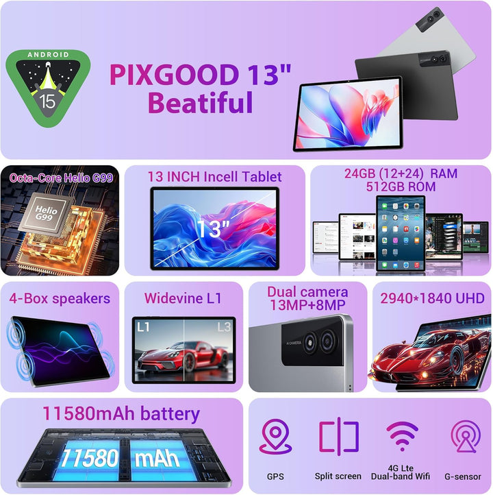 3K 13 Zoll Android 15 Tablet, 36GB RAM, 512GB ROM (erweiterbar auf 2TB), 4G LTE丨5G WLAN, 2940 x 1840
