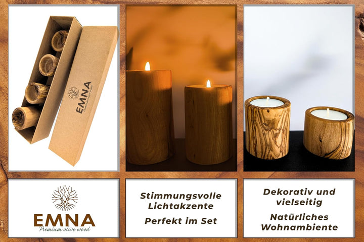 EMNA - 4er Set Teelicht-Halter aus luxuriösem Oliven-Holz | Höhe ca. 4, 6, 8, 10 cm | Inklusive Gesc