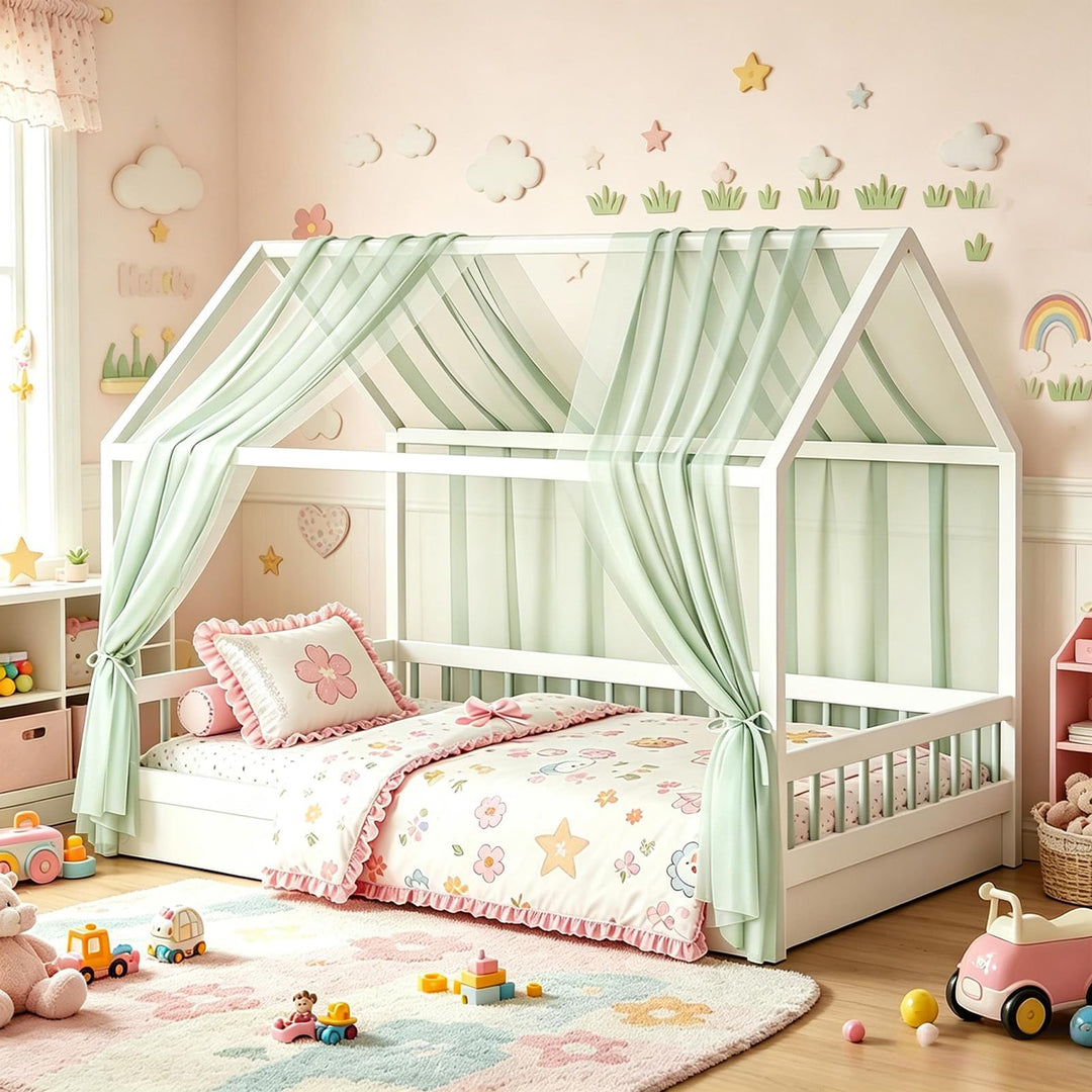 MeYuxg Hausbett Himmel Set, 2 Stück Betthimmel Hausbett für Hausbett Deko, 150x350CM Bio-Baumwolle H