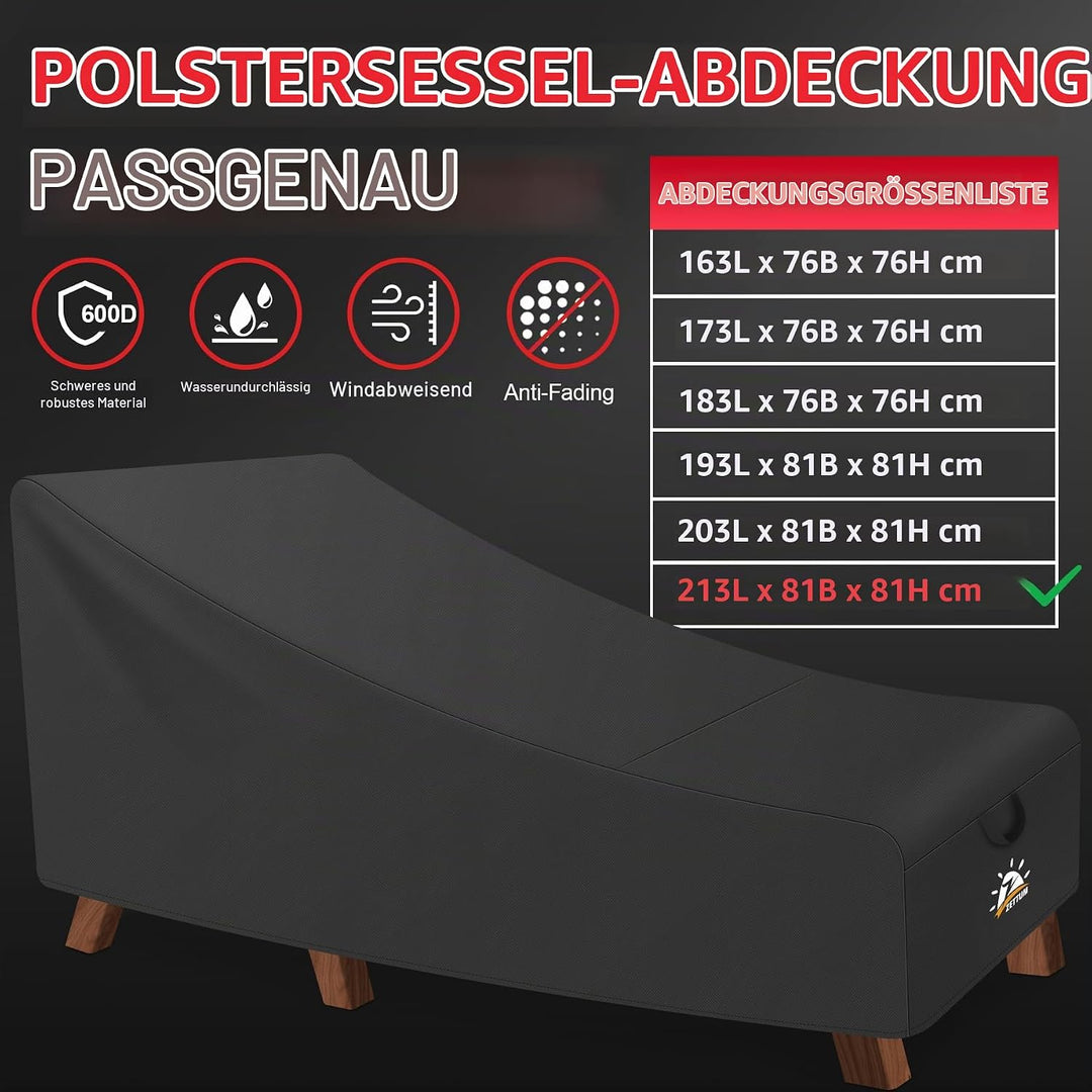 Zettum 210 cm Abdeckung für Sonnenliege, 600D Oxford PU Beschichtung Gartenliege Abdeckung, Wasserdi