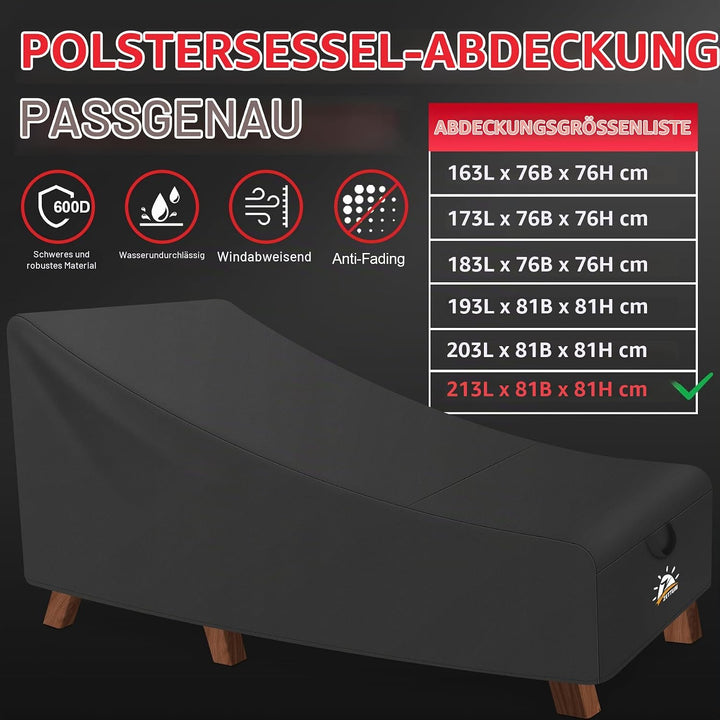 Zettum 210 cm Abdeckung für Sonnenliege, 600D Oxford PU Beschichtung Gartenliege Abdeckung, Wasserdi