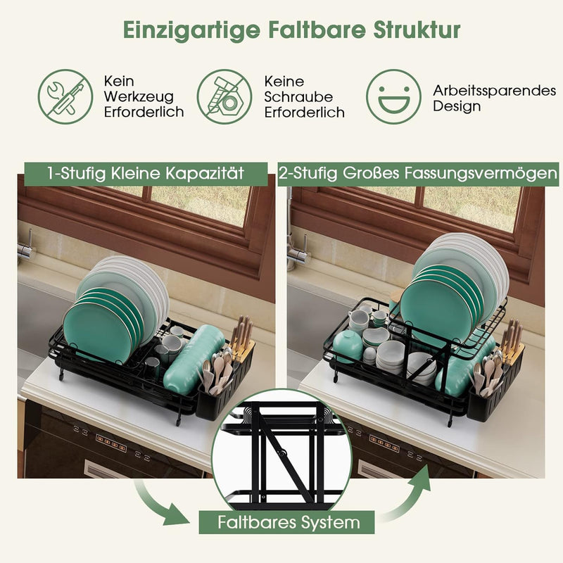 COSTWAY Abtropfgestell 2-stöckig, Geschirrkorb Metall, Erweiterbar & 360 drehbar & Klappbar, Geschir