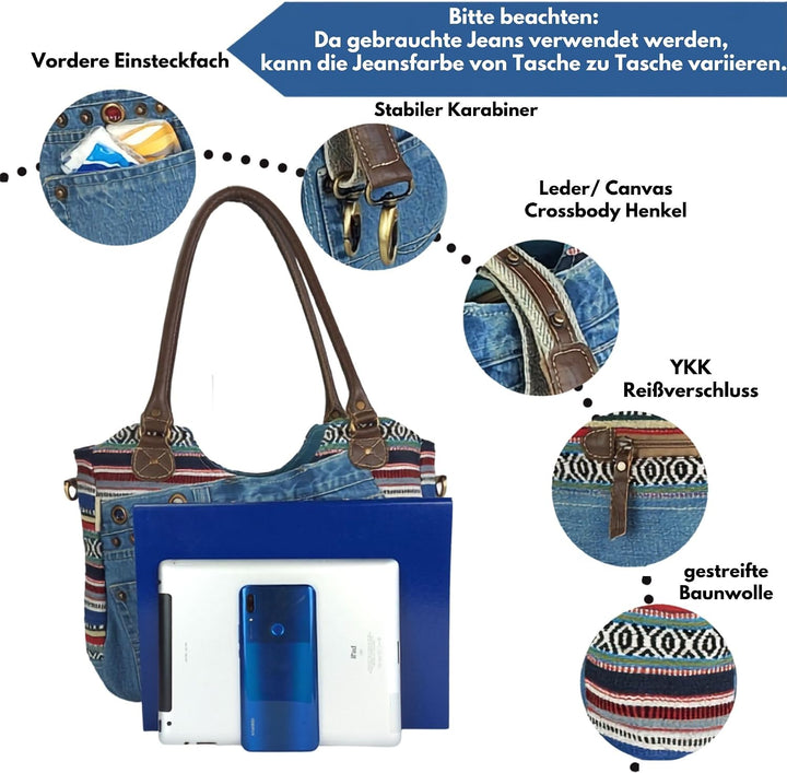 Sunsa Damen Nachhaltige Handtasche aus recycelte Jeans Canvas &amp; Leder. Vintage Still grosse Schulter