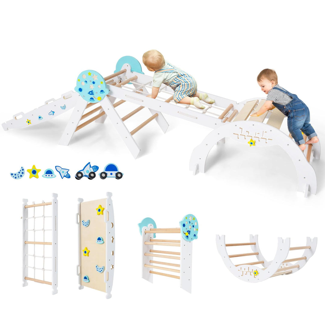 COSTWAY Klettergerüst Indoor 4er Set, klappabres Kletterdreieck mit Rutsche, Kletterbogen, Netz, ink