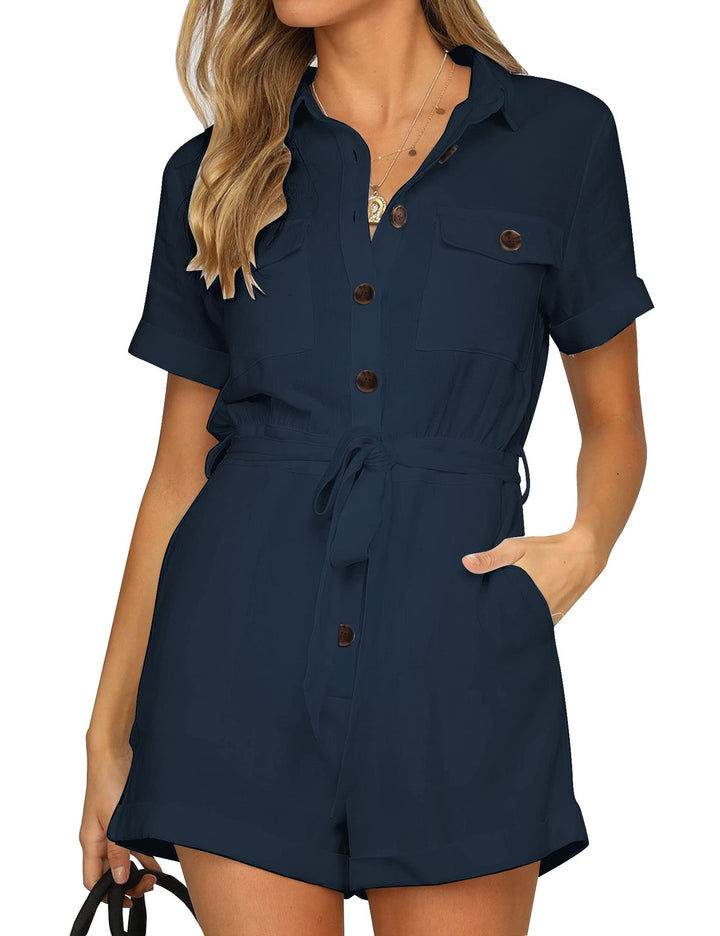 Roskiky Damen Sommer Taschen Gürtel Strampler Knopf Kurzarm Jumpsuit Playsuit M Blau, M Blau