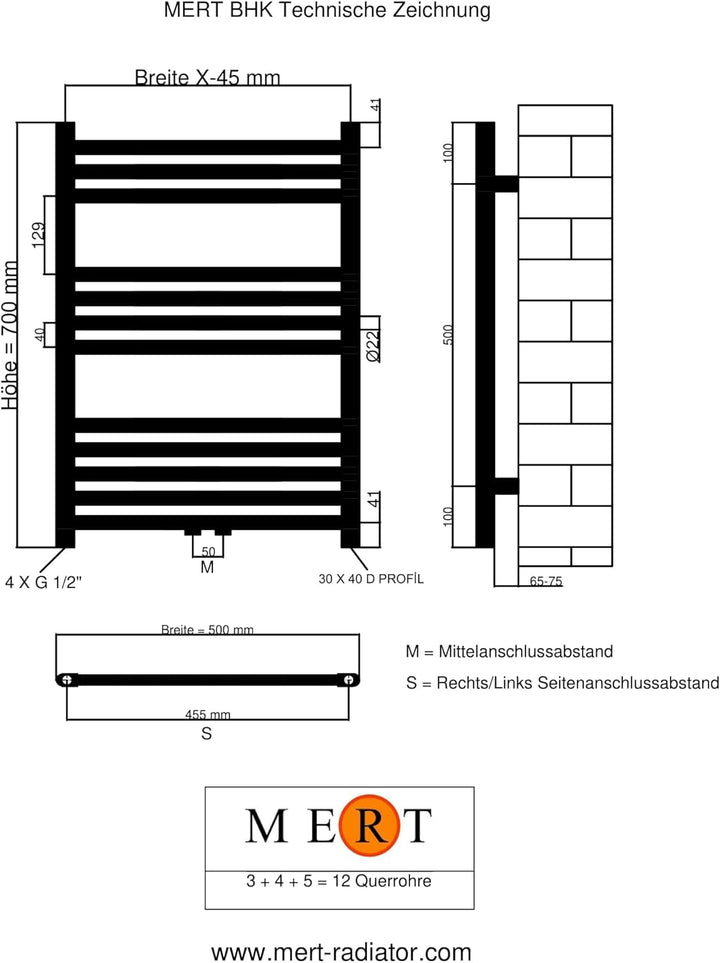 Badheizkörper Handtuchheizkörper mit Mittelanschluss weiss gerade 500x700 mm Stahl 50x70, Stahl 50x7