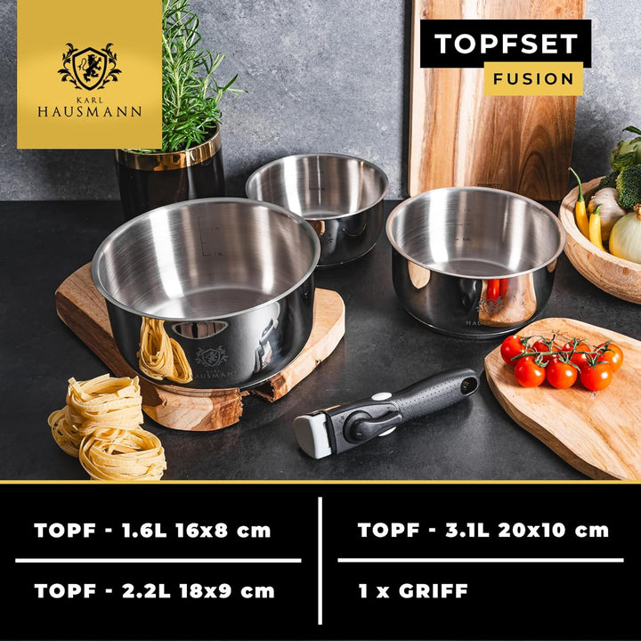 Topfset Induktion mit Abnehmbarer Griff - 3-Teilig - Edelstahl Kochtöpfe für Alle Herdarten - Kochto