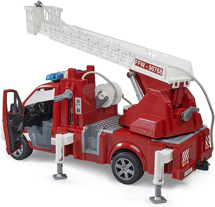 bruder 02673 - Mercedes-Benz Sprinter Feuerwehr mit Drehleiter Pumpe und Light & Sound Modul bworld