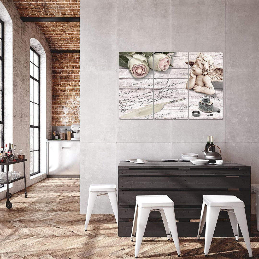 Runa Art Wandbilder Engel Blumen Bild XXL Wohnzimmer Schlafzimmer Rosa Grau Holz 120 x 80 cm 3 Teili