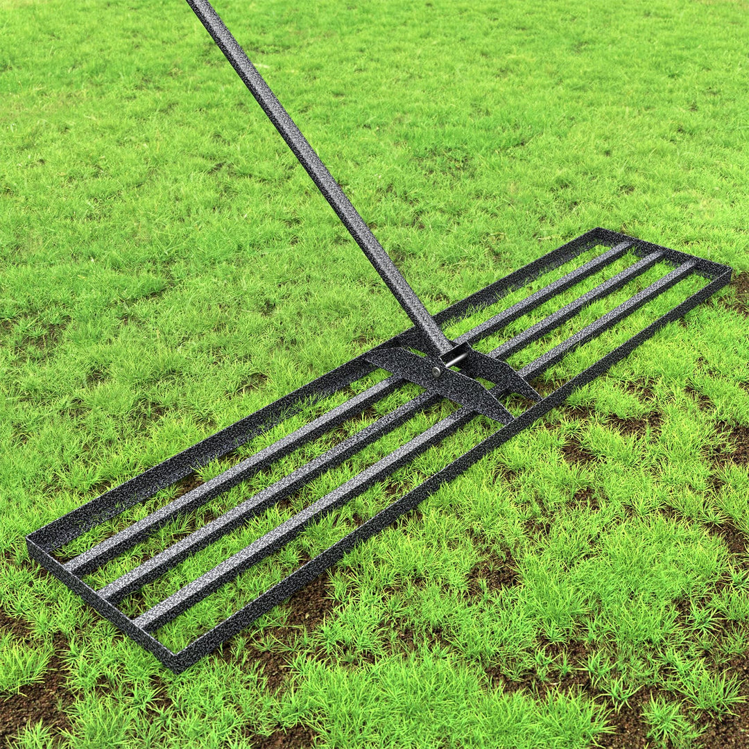 Rasenlevelrakete 114x25cm mit verstellbarem Stiel, rostschutzbeschichteter Rasenrechen aus Stahl für