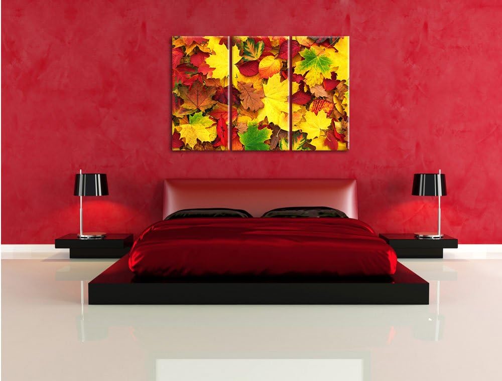 Pixxprint Herbstblätter / 3-Teilig/Gesamtmass 120cm Leinwandbild bespannt auf Holzrahmen/Wandbild Ku