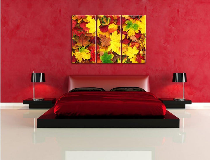 Pixxprint Herbstblätter / 3-Teilig/Gesamtmass 120cm Leinwandbild bespannt auf Holzrahmen/Wandbild Ku