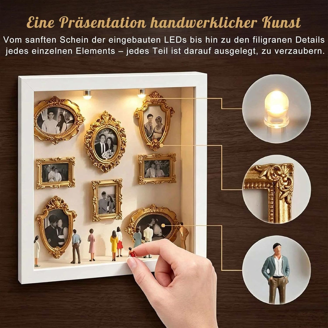 DIY-Mini-Museums-Silhouettenbox Foto-Erinnerungsset:Bilderrahmen mit LED-Licht, 8 Mini-Goldrahmen 8