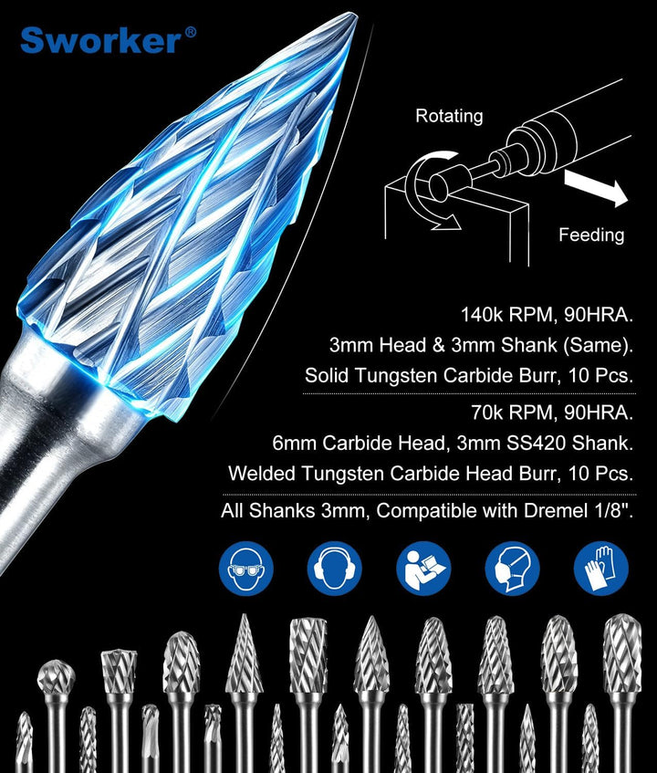 Sworker Hartmetall-Frässtift-Set, kompatibel mit Dremel 1/8 Zoll Schaft, 20 Stück, Schneideisen, Dre