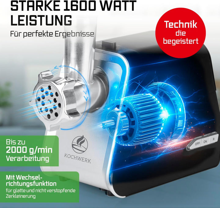 KOCHWERK elektrischer Fleischwolf mit Spritzgebäckvorsatz | verarbeitet bis zu 2000g/min | Hackfleis