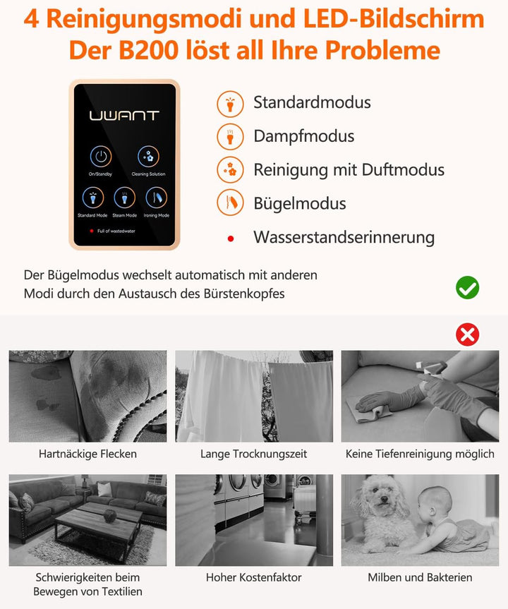 Uwant B200, Polsterreiniger Gerät, 1900W, Dampfreinigungsfunktion | Für Teppiche, Sofas, Vorhänge, K