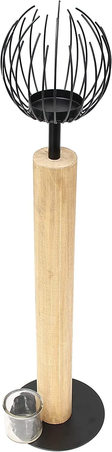 Windlichtsäule Kugel aus Holz & Metall, 85 cm hoch, Holzsäule, Dekosäule mit Windlichtglas, Deko für