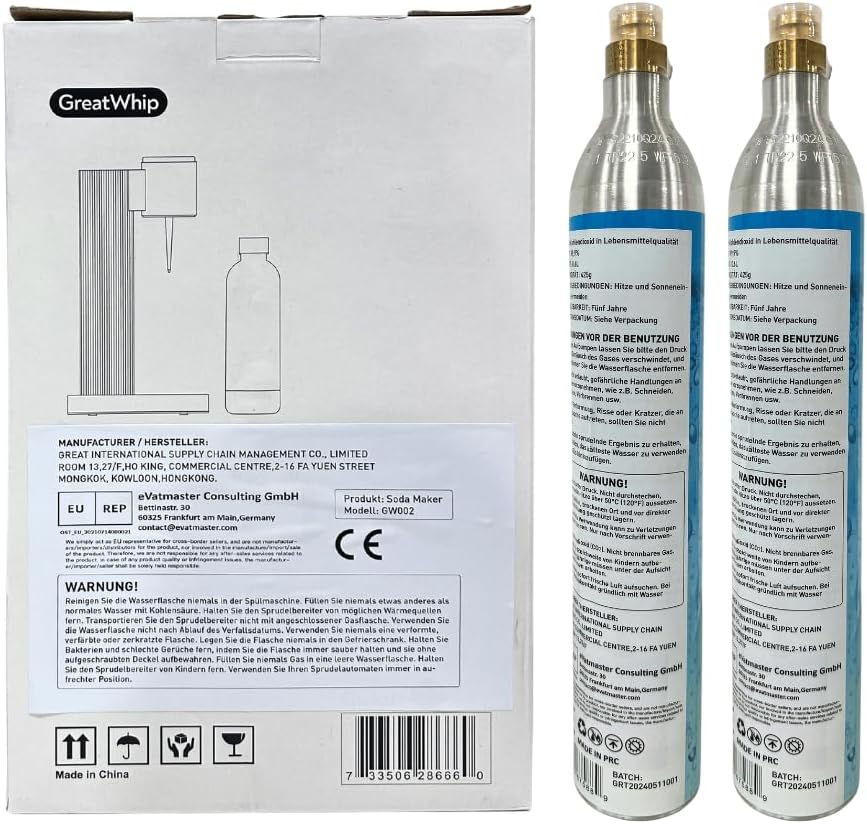 GreatWhip Wassersprudler Set – Soda-Maschine Weiss inkl. 2× 60 L CO2 Schraubzylinder + 1 L BPA-freie