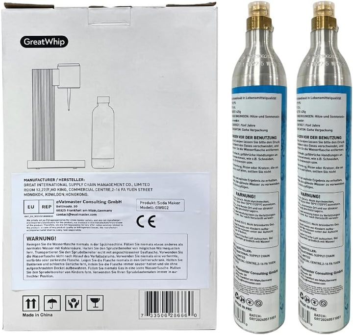GreatWhip Wassersprudler Set – Soda-Maschine Weiss inkl. 2× 60 L CO2 Schraubzylinder + 1 L BPA-freie