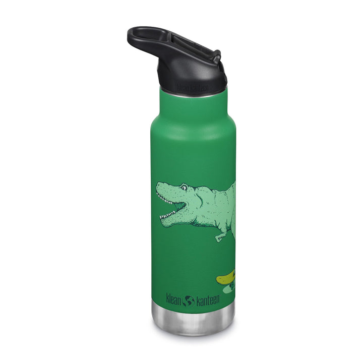 KLEAN KANTEEN Isolierte Kinderflasche, 355ml, mit Flip Sport Cap und Edelstahl-Trinkhalm, Grün/Dino