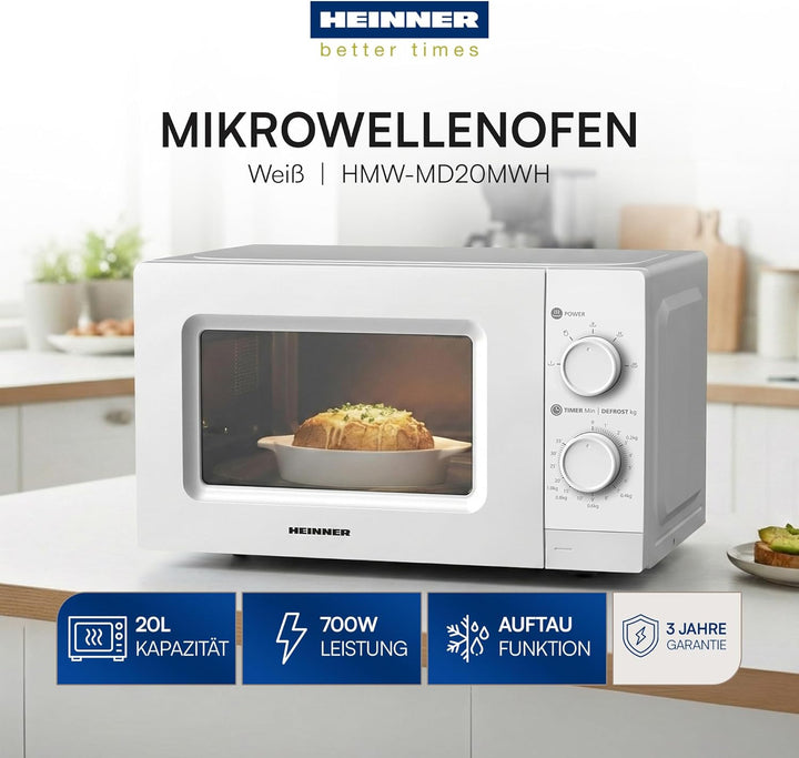 HMW-MD20MWH Mikrowelle • 20 L - 700 W, Manuelle Bedienung - 5 Leistungsstufen, Auftaufunktion - Dreh