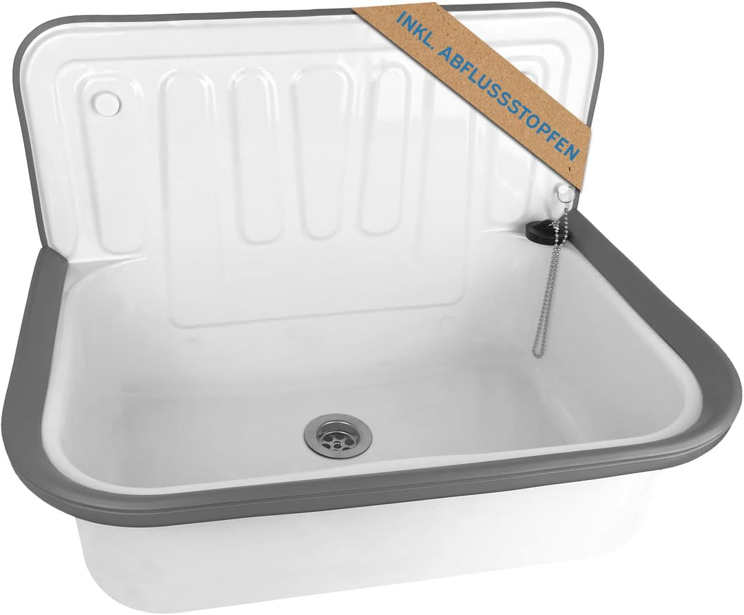 kör4u Ausgussbecken weiss 50cm, aus robustem Stahl für Keller, Waschküche, Garten, Spülbecken, inkl.