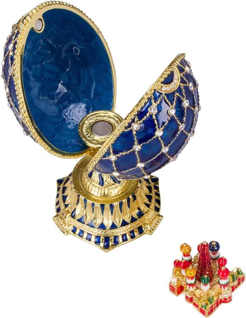 Danila-Souvenirs Fabergé-Stil Ei mit Basilius-Kathedrale 12 cm blau