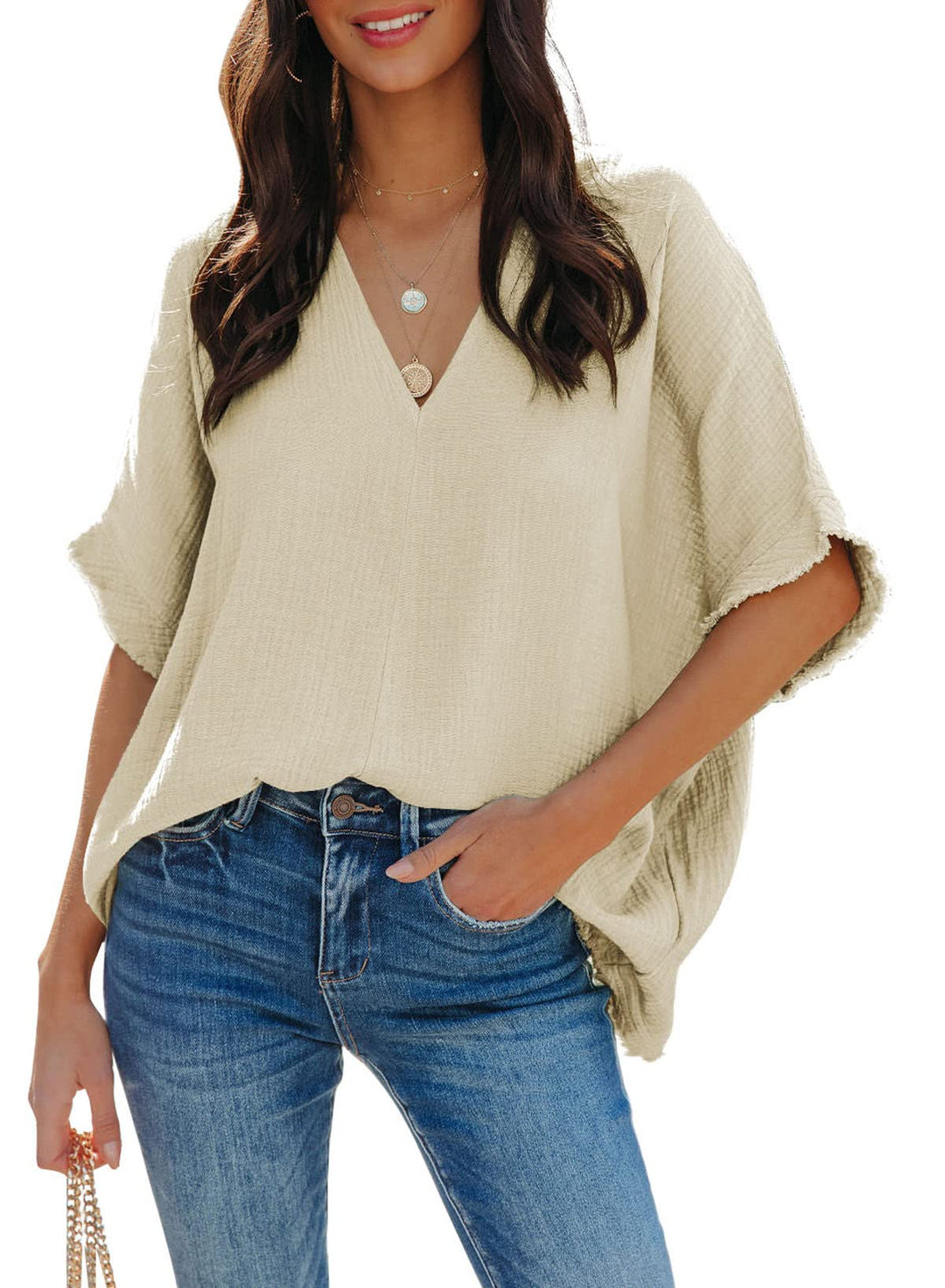 Dokotoo Damen Bluse V-Ausschnitt Musselin Tunika Shirt Oberteil Sommer Kurzarm Locker Longshirt Tops